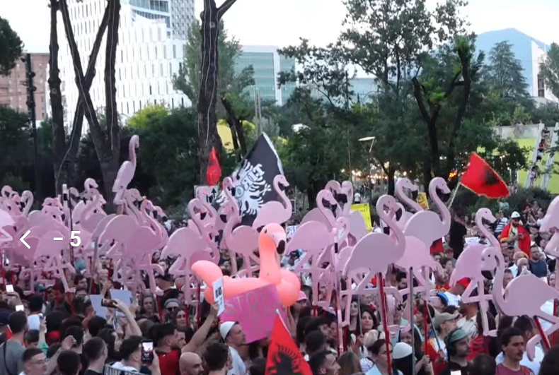 Dita e 18 të e protestës  qytetarët mblidhen para Kryeministrisë   Flamingot  marshojnë mes turmës