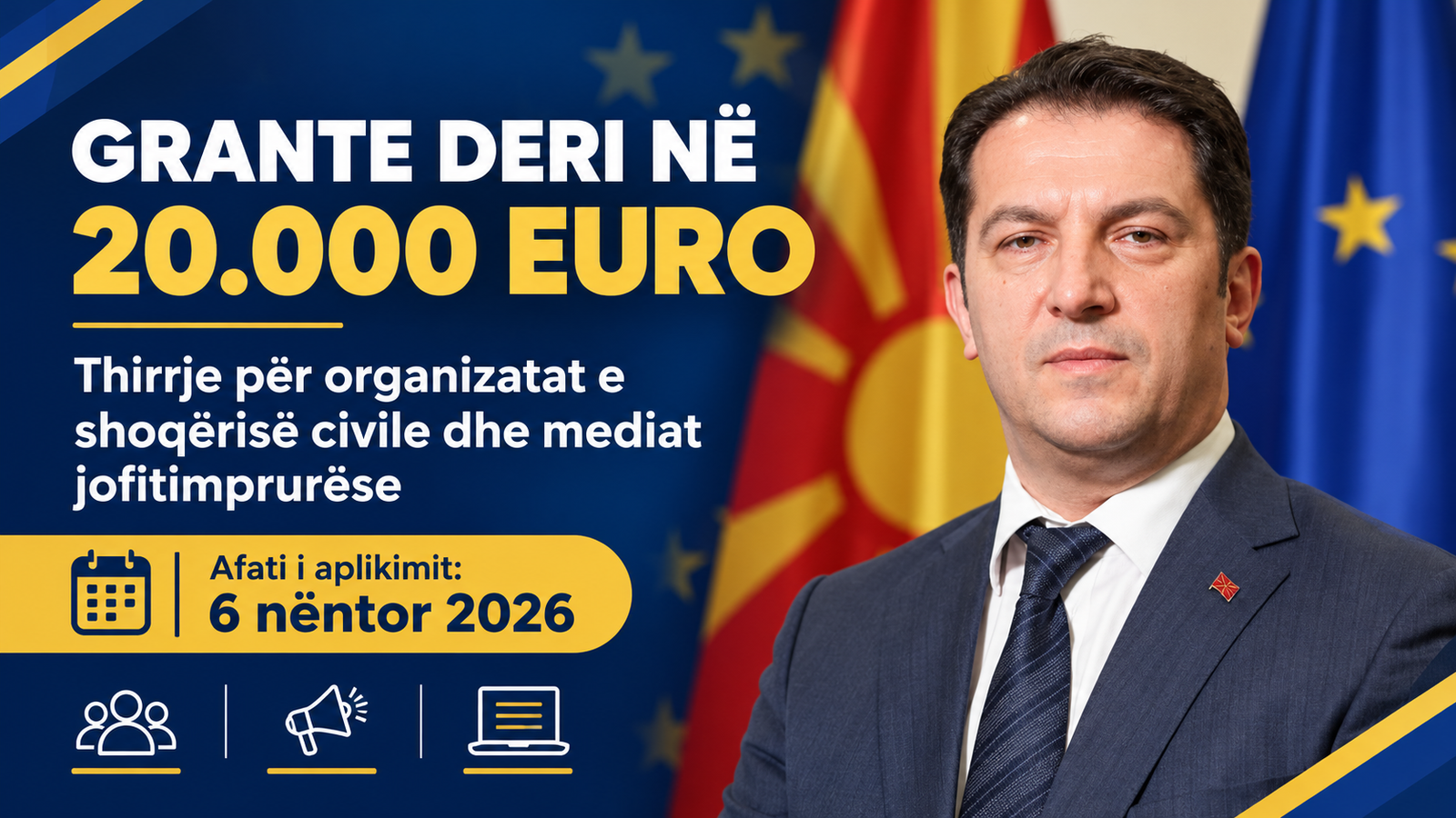 Zëvendëskryeministri i Parë  Bekim Sali fton organizatat e shoqërisë civile dhe mediat jofitimprurëse të aplikojnë për grante deri në 20 mijë euro